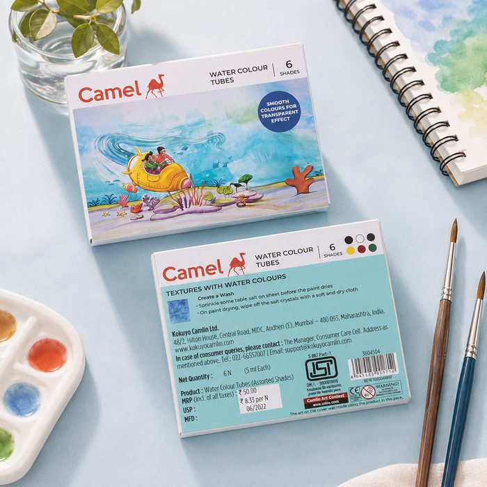 Camel Water Colour Tubes – 6 Shades | Free Brush & Mixing Palette