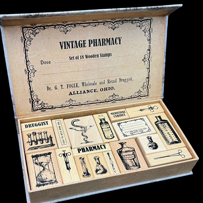 CoraCreaCrafts Wooden Stamp Set - Vintage Pharmacy