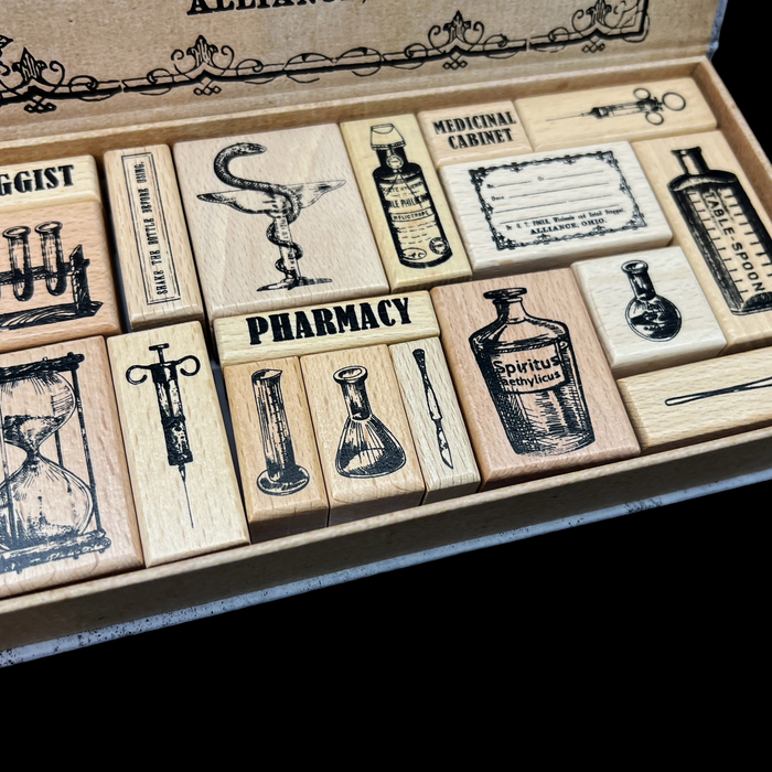 CoraCreaCrafts Wooden Stamp Set - Vintage Pharmacy