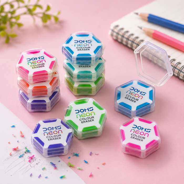 DOMS Neon Hex Erasers | Pack of 5