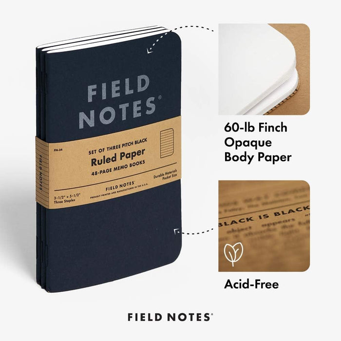 Field Notes | Set de 3 Cuadernos Pitch Black S (Rayas)