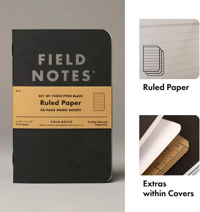 Field Notes | Set de 3 Cuadernos Pitch Black S (Rayas)