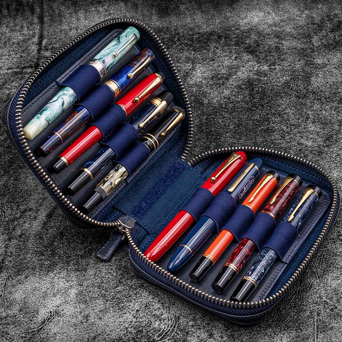 Galen Leather | Funda Expansi-Pouch Leather Wide 10 Slots Pen Case A6 Zip Folio Crazy Horse Navy Blue