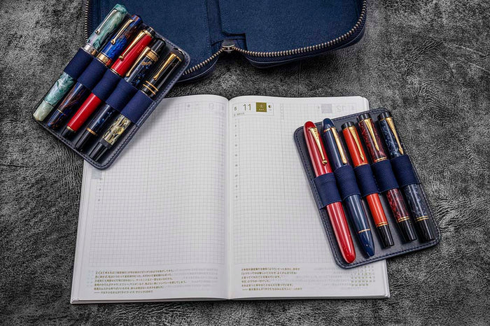 Galen Leather | Funda Expansi-Pouch Leather Wide 10 Slots Pen Case A6 Zip Folio Crazy Horse Navy Blue