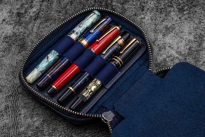 Galen Leather | Funda Expansi-Pouch Leather Wide 10 Slots Pen Case A6 Zip Folio Crazy Horse Navy Blue
