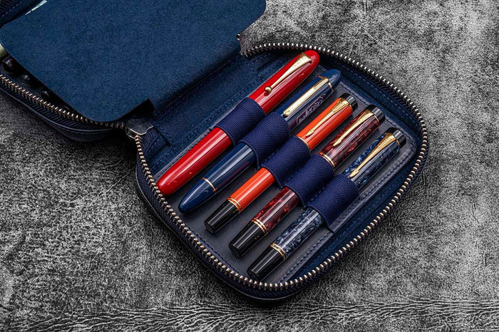 Galen Leather | Funda Expansi-Pouch Leather Wide 10 Slots Pen Case A6 Zip Folio Crazy Horse Navy Blue