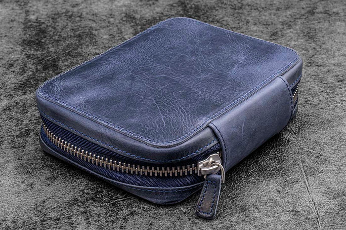 Galen Leather | Funda Expansi-Pouch Leather Wide 10 Slots Pen Case A6 Zip Folio Crazy Horse Navy Blue