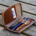 Galen Leather | Funda Leather Zippered 3 Slots Pen Case Brown