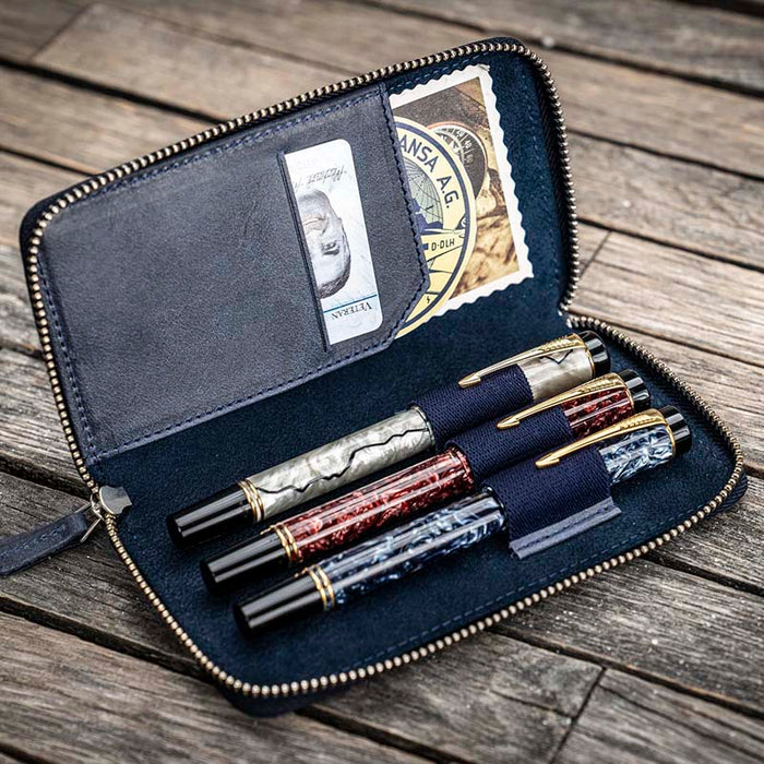 Galen Leather | Funda Leather Zippered 3 Slots Pen Case Crazy Horse Navy Blue