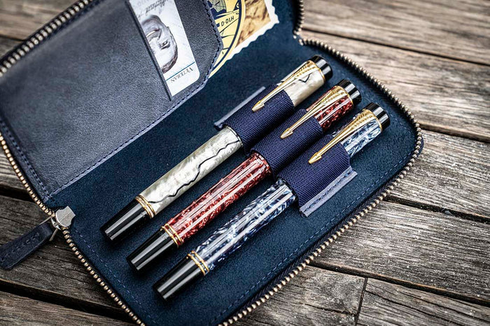 Galen Leather | Funda Leather Zippered 3 Slots Pen Case Crazy Horse Navy Blue