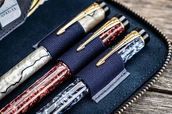 Galen Leather | Funda Leather Zippered 3 Slots Pen Case Crazy Horse Navy Blue
