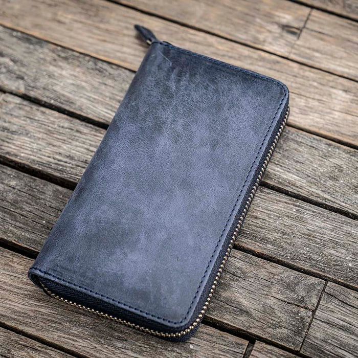 Galen Leather | Funda Leather Zippered 3 Slots Pen Case Crazy Horse Navy Blue