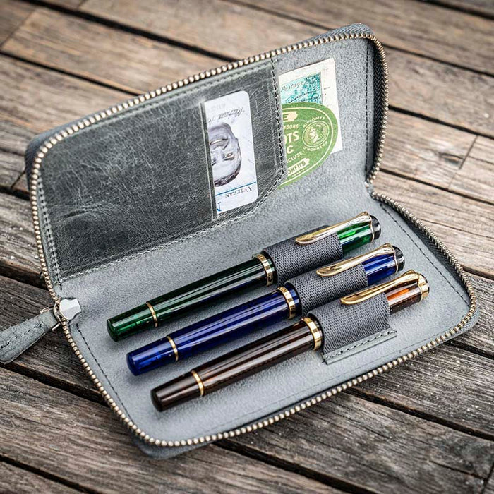 Galen Leather | Funda Leather Zippered 3 Slots Pen Case Crazy Horse Smoky