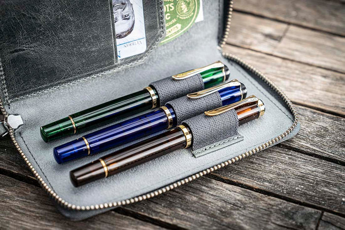 Galen Leather | Funda Leather Zippered 3 Slots Pen Case Crazy Horse Smoky
