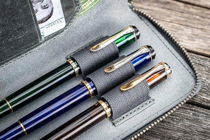Galen Leather | Funda Leather Zippered 3 Slots Pen Case Crazy Horse Smoky