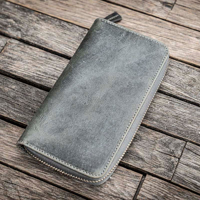 Galen Leather | Funda Leather Zippered 3 Slots Pen Case Crazy Horse Smoky